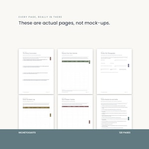 A grid of six real pages from the binder, shown to make the point that these are actual pages and not mock-ups. Includes the money conversation, payment calendar, a vendor file, the guest list and the countdown.
