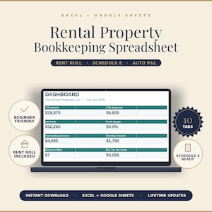May include: A digital rental property bookkeeping spreadsheet for Excel and Google Sheets. The interface displays a dashboard with YTD income, expenses, net profit, profit margin, invoices, and tax data. Includes 10 tabs, beginner friendly features, and rent roll.