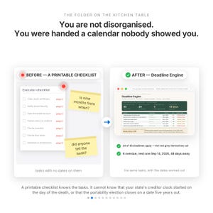May include: A comparison graphic titled The Folder on the Kitchen Table. The left side shows a printable Executor checklist with yellow sticky notes asking questions. The right side shows a digital Deadline Engine dashboard with calculated dates.