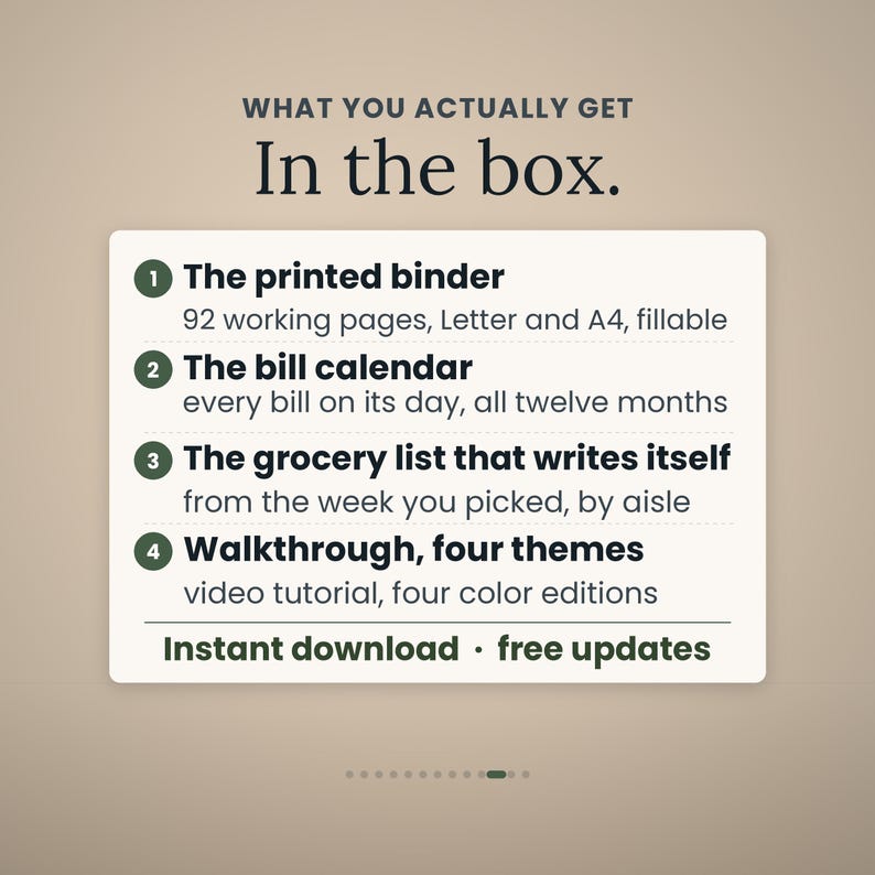 Puede incluir: Una tarjeta informativa blanca con texto oscuro que enumera el contenido: 1. La carpeta impresa con 92 p&aacute;ginas rellenables, 2. El calendario de facturas para doce meses, 3. La lista de la compra por pasillo, 4. Tutorial en v&iacute;deo y cuatro temas. Descarga instant&aacute;nea y actualizaciones gratuitas.