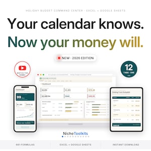 May include: A digital holiday budget command center for Excel and Google Sheets, 2026 edition. The display shows a dashboard on a laptop, smartphone, and tablet, featuring financial data, progress bars, and the text: Your calendar knows. Now your money will.
