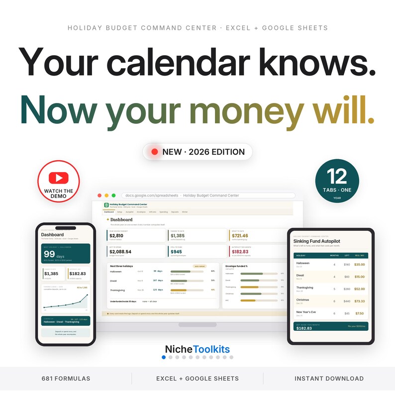 May include: A digital holiday budget command center for Excel and Google Sheets, 2026 edition. The display shows a dashboard on a laptop, smartphone, and tablet, featuring financial data, progress bars, and the text: Your calendar knows. Now your money will.
