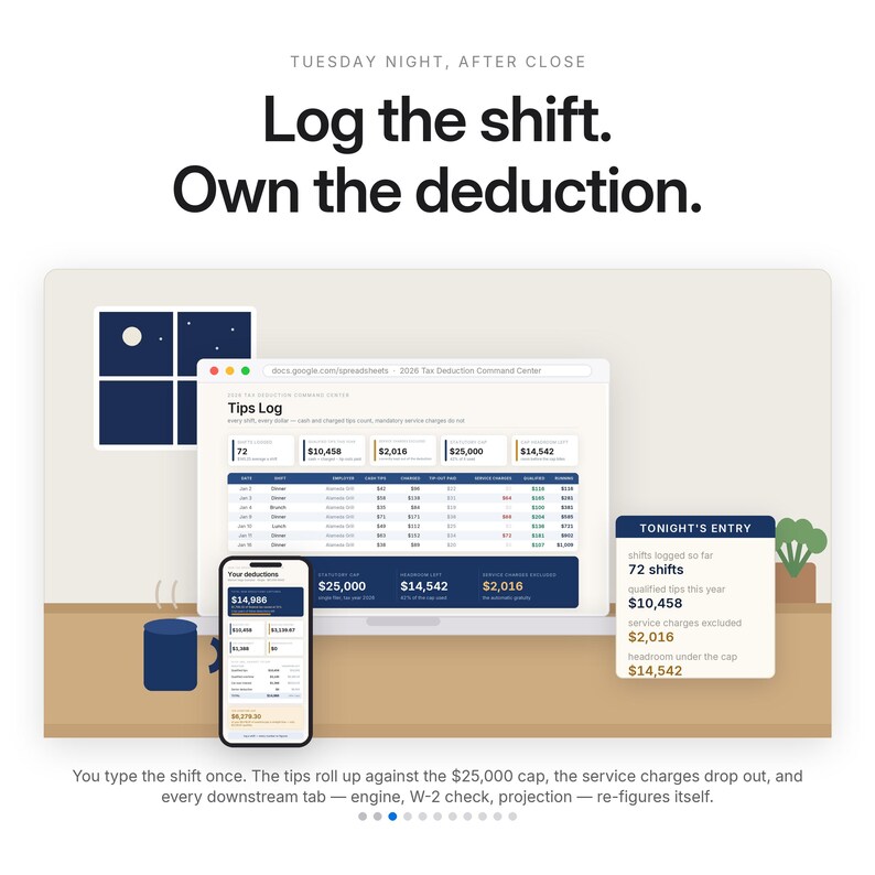 May include: A digital interface displaying a tax deduction command center on a laptop and smartphone. The screen shows a tips log with financial data, including text that reads: Log the shift. Own the deduction. Tonight's entry, and 72 shifts.