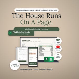 Puede incluir: Un sistema digital de gesti&oacute;n del hogar que incluye lista de la compra, seguimiento de presupuesto y herramientas de planificaci&oacute;n. Muestra 92 p&aacute;ginas de plantillas PDF, Excel y Google Sheets con texto como The House Runs On A Page y Fillable In Any Reader.