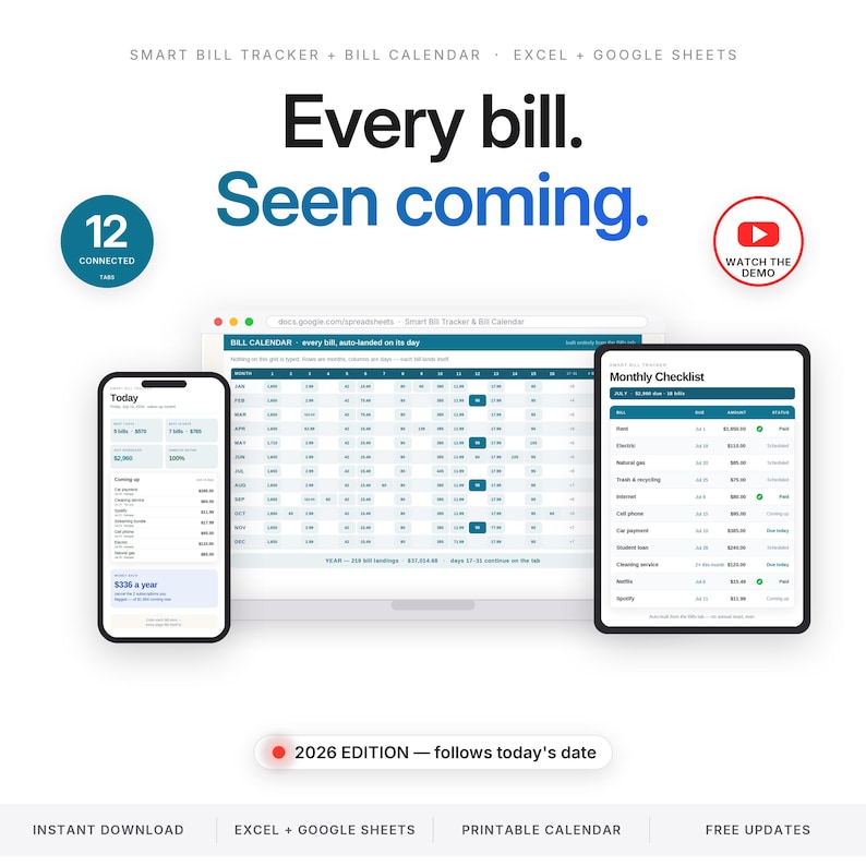 Peut inclure: Un tableur num&eacute;rique de suivi des factures et calendrier pour Excel et Google Sheets. L'interface affiche une liste de contr&ocirc;le mensuelle, une grille de calendrier et une vue mobile. Le texte inclut Every bill. Seen coming. et 2026 EDITION.