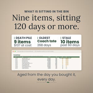 May include: A digital inventory tracker graphic titled WHAT IS SITTING IN THE BIN. It displays text stating Nine items, sitting 120 days or more, with data boxes for Death Pile, Oldest Coach tote, and Stale items, plus a spreadsheet view of inventory.