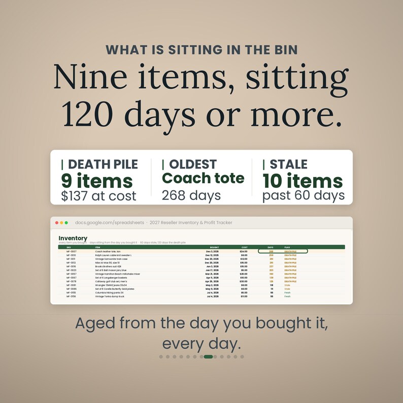 May include: A digital inventory tracker graphic titled WHAT IS SITTING IN THE BIN. It displays text stating Nine items, sitting 120 days or more, with data boxes for Death Pile, Oldest Coach tote, and Stale items, plus a spreadsheet view of inventory.
