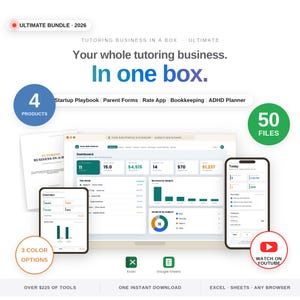 Tutoring Business in a Box Ultimate Bundle hero showing tutor startup playbook, parent forms, rate planner and scheduler app, tutoring bookkeeping spreadsheet and ADHD tutor planner, four products in one download for Excel, Sheets and browser