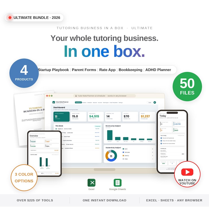Tutoring Business in a Box Ultimate Bundle hero showing tutor startup playbook, parent forms, rate planner and scheduler app, tutoring bookkeeping spreadsheet and ADHD tutor planner, four products in one download for Excel, Sheets and browser