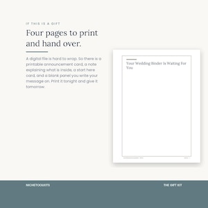 The gift kit: four printable pages the giver hands over, including an announcement card, a note explaining what is inside, a start here card and a blank panel for a written message. For giving a digital file as a present.