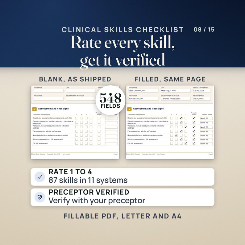 Clinical Skills Checklist page 1, blank and filled: each skill is self-rated 1 to 4 with a preceptor verified box and a date and initials field; 87 skills in 11 systems and 548 fillable fields, Letter and A4. Verify with your preceptor or employer.