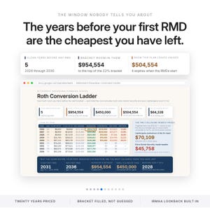 May include: An infographic titled The Window Nobody Tells You About, detailing retirement planning with a Roth Conversion Ladder. It displays financial data, including RMD years, tax brackets, and conversion costs in a spreadsheet-style layout.