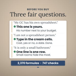 Puede incluir: Un gr&aacute;fico digital titulado BEFORE YOU BUY Three fair questions. Presenta tres filas de texto con citas y respuestas, incluyendo This one is yours, Type in the cream cells y One line is one row. Una barra azul en la parte inferior dice 2,370 formulas 747 checks.