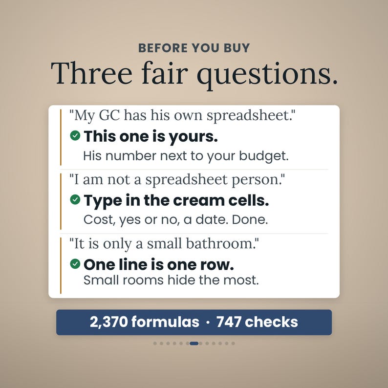 Puede incluir: Un gr&aacute;fico digital titulado BEFORE YOU BUY Three fair questions. Presenta tres filas de texto con citas y respuestas, incluyendo This one is yours, Type in the cream cells y One line is one row. Una barra azul en la parte inferior dice 2,370 formulas 747 checks.