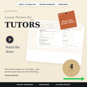 Tutor Lesson Plan Template | Editable Tutoring Session Plan for Private Tutors | Printable & Fillable PDF, Word | Bonus Parent Notes