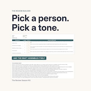 The Review Builder tab. The headline reads Pick a person. Pick a tone, and the screenshot below shows the assembled draft: a competency table with ratings and variant numbers, then a block of finished paragraphs written about that person. A label reads And the draft assembles itself.
