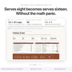 May include: A digital spreadsheet interface titled Family Recipe Keepsake & Cookbook Builder. The screen displays text stating Serves eight becomes serves sixteen. Without the math panic. It features tables for scaling ingredients, dish lists, and conversion factors for cooking recipes.