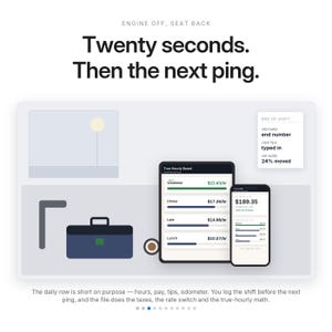 K&ouml;nnte beinhalten: Eine digitale Benutzeroberfl&auml;che mit dem Text 'Twenty seconds. Then the next ping.' und 'ENGINE OFF, SEAT BACK'. Sie zeigt ein Tablet und ein Smartphone mit einem 'True Hourly Board' f&uuml;r Verdienstdaten, ein Aktentaschen-Symbol und ein 'END OF SHIFT'-Feld.