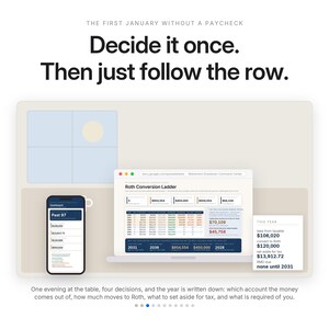 May include: A digital graphic featuring the text THE FIRST JANUARY WITHOUT A PAYCHECK, Decide it once. Then just follow the row. It displays a smartphone and a laptop screen showing a Roth Conversion Ladder spreadsheet and financial data.
