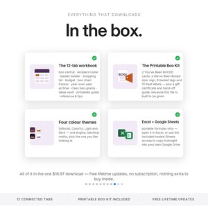 May include: A digital product overview titled In the box featuring four sections: a 12-tab workbook, a printable Boo Kit with cards and tags, four color themes, and compatibility with Excel and Google Sheets for organizing Halloween activities.