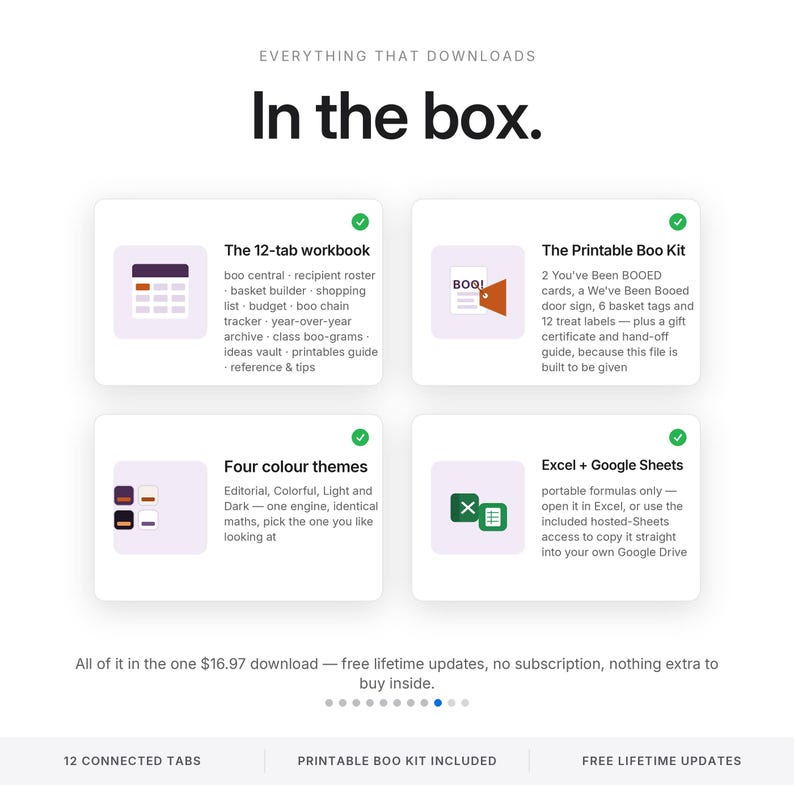 May include: A digital product overview titled In the box featuring four sections: a 12-tab workbook, a printable Boo Kit with cards and tags, four color themes, and compatibility with Excel and Google Sheets for organizing Halloween activities.