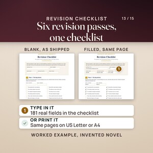The Revision Checklist blank as shipped and filled on the same page: six revision passes with 181 fillable fields, or print it on US Letter or A4.