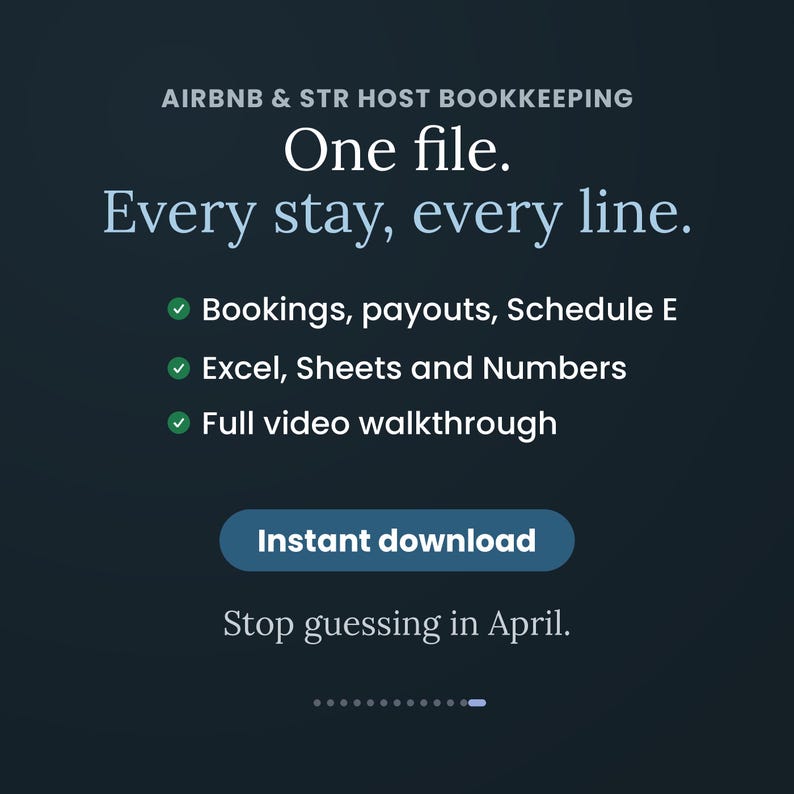 Pode incluir: Um gr&aacute;fico digital azul escuro para contabilidade de anfitri&otilde;es Airbnb e STR. O texto diz: One file. Every stay, every line. As funcionalidades incluem Bookings, payouts, Schedule E, Excel, Sheets, Numbers e um v&iacute;deo tutorial completo.