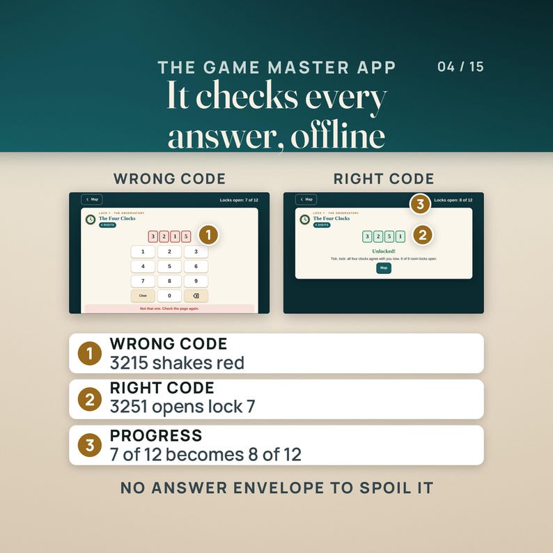 The Game Master app checking an answer on Junior lock 7, The Four Clocks. On the left the code 3215 shows in red with the message not that one, check the page again, and the counter reads locks open 7 of 12. On the right the code 3251 shows in green with unlocked, and the counter reads 8 of 12. There is no answer envelope to spoil it.