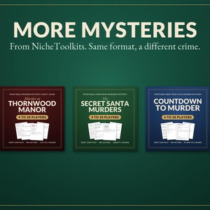 K&ouml;nnte beinhalten: Drei quadratische Spielschachteln mit dem Titel MORE MYSTERIES von NicheToolkits. Die kastanienbraune Box ist Murder at Thornwood Manor, die gr&uuml;ne Box ist The Secret Santa Murders und die blaue Box ist Countdown to Murder. Jede Box zeigt 4 bis 20 Spieler.