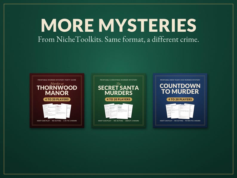 K&ouml;nnte beinhalten: Drei quadratische Spielschachteln mit dem Titel MORE MYSTERIES von NicheToolkits. Die kastanienbraune Box ist Murder at Thornwood Manor, die gr&uuml;ne Box ist The Secret Santa Murders und die blaue Box ist Countdown to Murder. Jede Box zeigt 4 bis 20 Spieler.