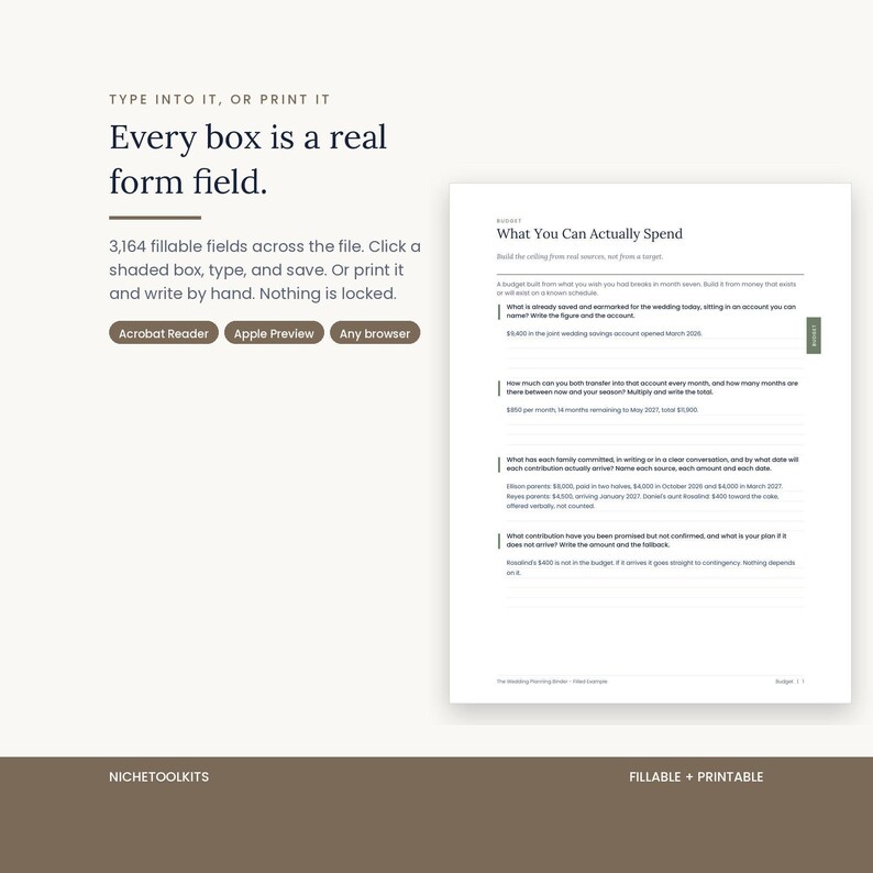 A filled in example page showing typed entries in the shaded boxes, demonstrating that every box is a real form field. 3,164 fillable fields across the file, usable in Acrobat Reader, Apple Preview or any browser.