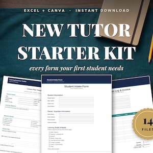Puede incluir: Un kit de inicio para tutores digitales que incluye tres formularios impresos: un formulario de admisión de estudiantes, una plantilla de plan de lecciones y un registro de lecciones con factura. El texto dice NEW TUTOR STARTER KIT y 14 FILES.