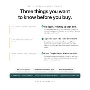 Może przedstawiać: Biała grafika informacyjna z czarnym tekstem zatytułowana Three things you want to know before you buy. Zawiera trzy pytania i odpowiedzi dotyczące funkcjonalności arkusza kalkulacyjnego, trzy przyciski w kształcie pigułek oraz ciemnozielony pasek stopki.
