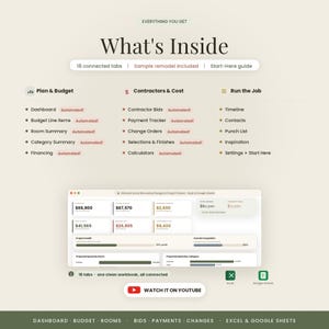 May include: A digital home renovation planner dashboard featuring sections for Plan & Budget, Contractors & Cost, and Run the Job. It includes 16 connected tabs, automated tracking, a sample remodel, and a visual interface for project management.