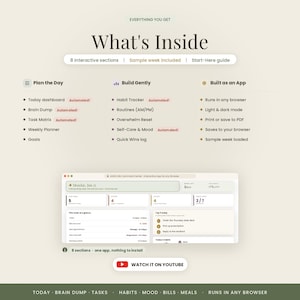 May include: A digital life command center interface featuring 8 interactive sections including a today dashboard, habit tracker, and task matrix. The layout displays automated features, browser compatibility, and a sample week view with a watch on YouTube button.