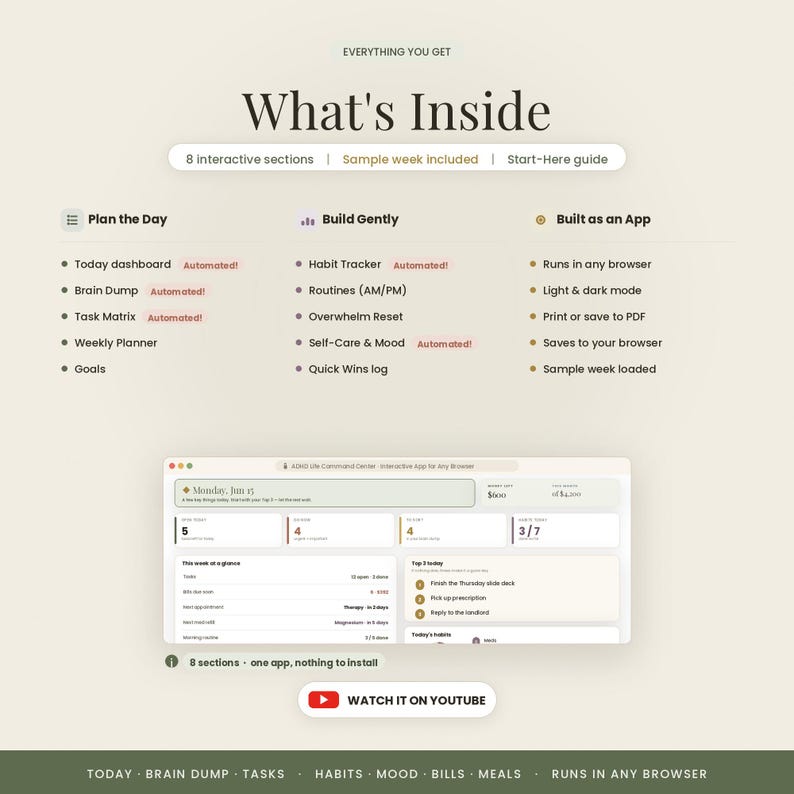 May include: A digital life command center interface featuring 8 interactive sections including a today dashboard, habit tracker, and task matrix. The layout displays automated features, browser compatibility, and a sample week view with a watch on YouTube button.