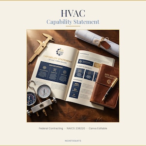 May include: A wooden surface displays an open book titled "HVAC Capability Statement", a rolled blueprint, a leather notebook, and a pen. A caliper and pressure gauges are also present.