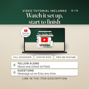 Video tutorial included: a laptop shows the tutorial thumbnail with a play button, beside a YouTube tutorial badge and pills for full voiceover, step by step and free on YouTube. Rows invite you to follow along as one client moves to Filed and to message the shop on Etsy with questions. Caption: link in the item description.