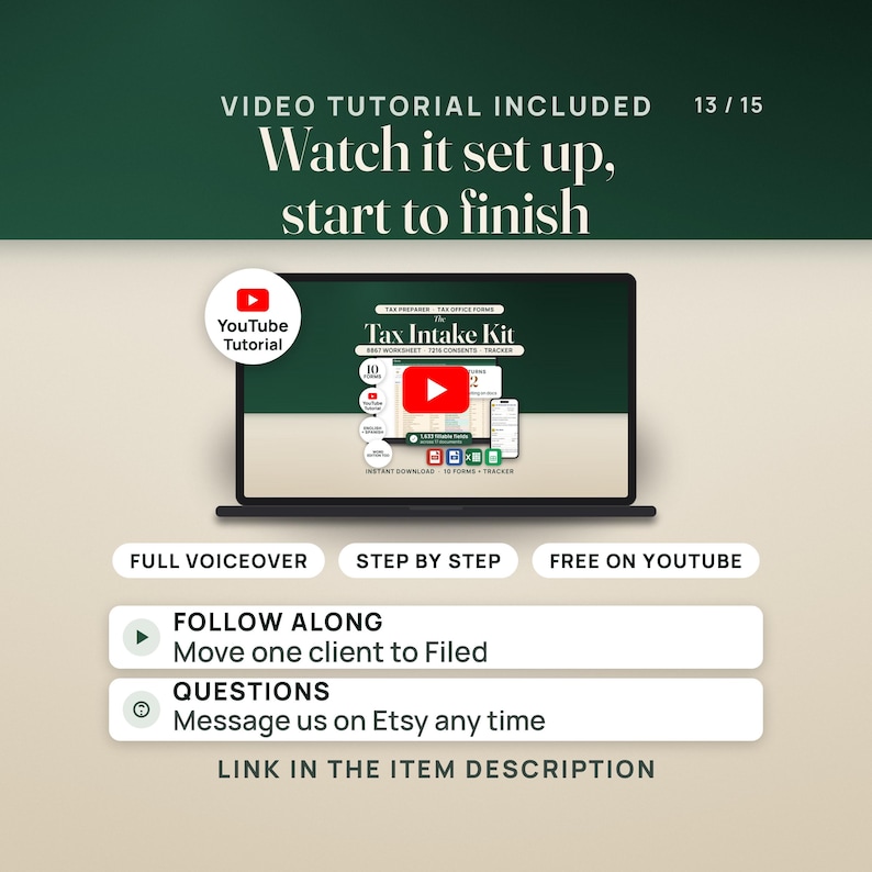 Video tutorial included: a laptop shows the tutorial thumbnail with a play button, beside a YouTube tutorial badge and pills for full voiceover, step by step and free on YouTube. Rows invite you to follow along as one client moves to Filed and to message the shop on Etsy with questions. Caption: link in the item description.