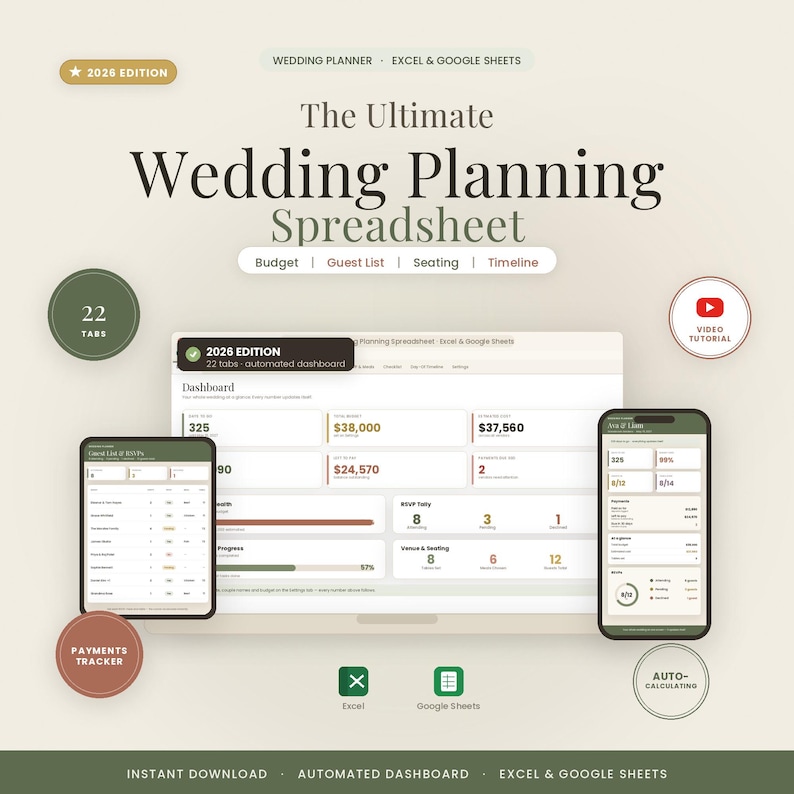 Feuille de calcul ultime pour la planification de mariage | Suivi budgétaire, liste d'invités, plan de salle, chronologie, liste de contrôle | Feuilles Excel et Google image 1