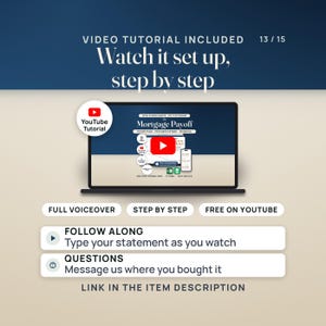 Video tutorial pane: a laptop shows the tutorial thumbnail, the product's own hero image, with a play button and a YouTube seal, and pills reading full voiceover, step by step and free on YouTube. Follow along and type your statement as you watch. The link is in the item description.