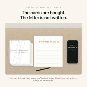 Może przedstawiać: Płaska grafika z tekstem THE SECOND WEEK OF DECEMBER, The cards are bought. The letter is not written. Poniżej stos kartek z napisem BOUGHT - BLANK INSIDE STILL IN THE WRAPPER, notatnik w linie z Dear friends, this year we, długopis oraz telefon wyświetlający Sunday December 14 MAIL BY THE 20TH.