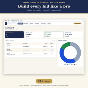 May include: A digital dashboard interface for a general contractor estimator tool titled Summit Build Co. The screen displays open estimates, pipeline value, won revenue, and average estimate metrics alongside a list of recent estimates and a status chart.