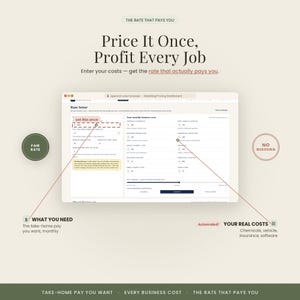 Pode incluir: Uma interface de painel digital intitulada Rate Setter com o texto Price It Once, Profit Every Job. Inclui campos de entrada para custos comerciais mensais, sal&aacute;rio l&iacute;quido e c&aacute;lculos automatizados. Etiquetas: Fair Rate, No Guessing, What You Need, Your Real Costs.