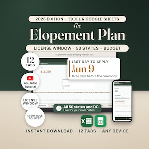 Elopement Planner Spreadsheet Micro Wedding Planner Marriage License Rules All 50 States Budget Tracker Day Timeline Excel Google Sheets