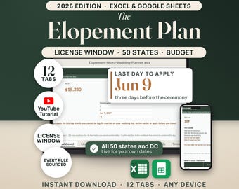 Elopement Planner Spreadsheet Micro Wedding Planner Marriage License Rules All 50 States Budget Tracker Day Timeline Excel Google Sheets