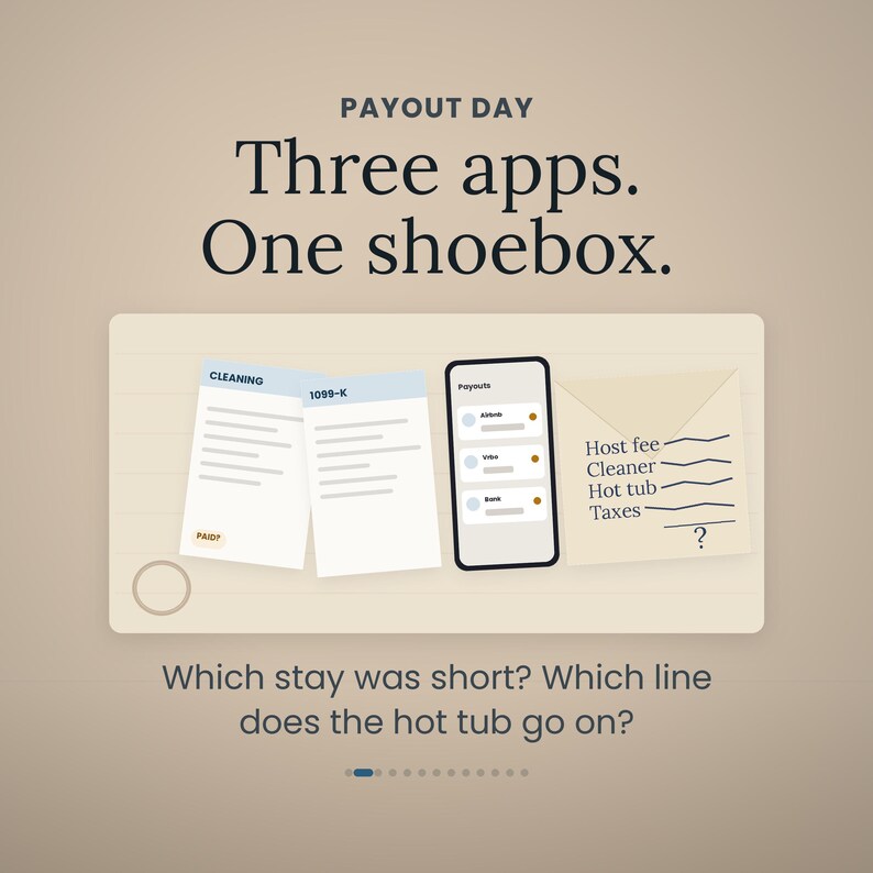 Pode incluir: Um gr&aacute;fico com o texto PAYOUT DAY Three apps. One shoebox. Mostra dois documentos rotulados como CLEANING e 1099-K, um smartphone exibindo uma lista de Payouts e um envelope com uma lista incluindo Host fee, Cleaner, Hot tub e Taxes.