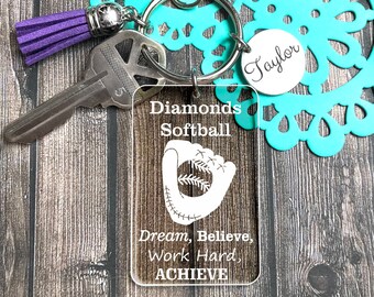 Softball Keychain – Believe In Yourself Silver Plated Charm Gift For Players & Teams