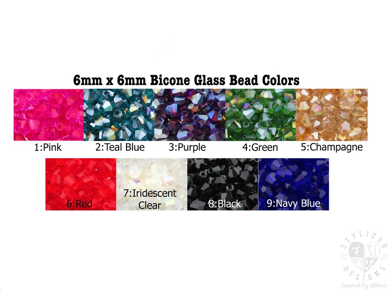 May include: A chart showing 9 different colors of 6mm x 6mm bicone glass beads. The colors are pink, teal blue, purple, green, champagne, red, iridescent clear, black, and navy blue.
