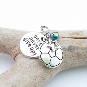 May include: Silver charm with a soccer ball, a star, and a blue crystal. The charm has the words "never give up!" engraved on it.